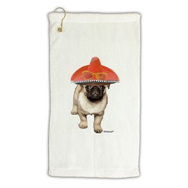 TooLoud Pug Dog with Sombrero Micro Terry Gromet Golf Towel 16" x 25"