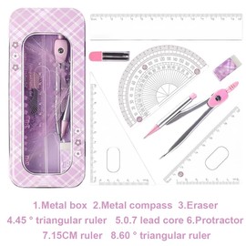 WUSJCOF Geometry Set with Compass and Set Square for Primary and Secondary School, Complete Set with Ruler, Protractor, School Supplies for Students (Pink)
