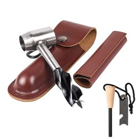 HNONPW Bushcraft Gear for Survival Settlers Bushscraft Hand Auger Wrench with Flint Scotch Eye Wood Drill Peg and Manual Hole Maker Multitool with leather Case Camping brown