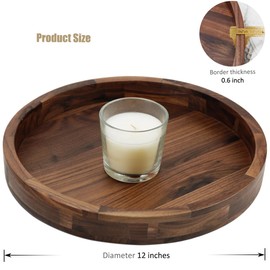 MAGIGO 12 Inches Small Round Black Walnut Wood Ottoman Tray with Handles, Serve Tea, Coffee Classic Wooden Decorative Serving Tray