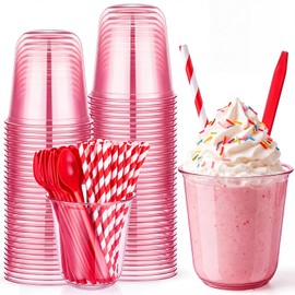 50 Set Root Beer Float Cups with Red Plastic Soda Spoons and Paper Straws Plastic Parfait Cups Disposable Stemless Glasses for Milkshake Ice Cream Cocktail Yogurt Party Drinks (Pink,12oz)