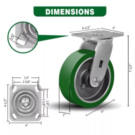 Unbranded 6"X 2" Heavy Duty Casters  Polyurethane on Aluminum  Capacity up to 1200-4800 LB - 2 Swivel 2 Rigid