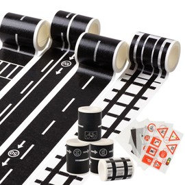Road Tape DIY Traffic Sign Set, 9 Pcs Road Police Tape for Toy Cars, Highways Road Tape, Removable Train Track Tape with Toy Road Signs, for Kids to Learn Traffic Rules, Playroom, and Kids Party