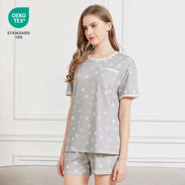 netdraw Women's Ultra Soft Bamboo Viscose Pajama Sets Short Sleeve Sleepwear Comfy 2 Piece Casual Lounge Set, Grey Stars, Large
