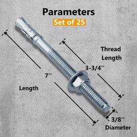 Party Animals 3/8 x 7 Inch Wedge Anchor, 25 PCs Zinc-Plated Industrial Anchor Bolts for Cement, Concrete