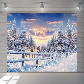 Winter Forest Wonderland Christmas Backdrop for Photoshoot 10x8ft Forest Reindeer White Snowy Snowflake Winter Scene Backdrop Pictures Xmas Party Holiday Background Decorations Photo Booth Supplies