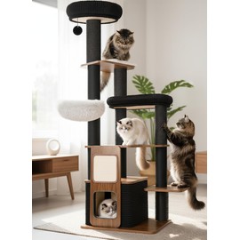 Purrlato 63" Modern Cat Tree Tower for Indoor Cats, Heavy Duty Cat Trees for Large Cat, Adult Maine Coon Cat Tree Tower with Scratching Post, Extra Large Top Perch, Cat Condos, Jet Black