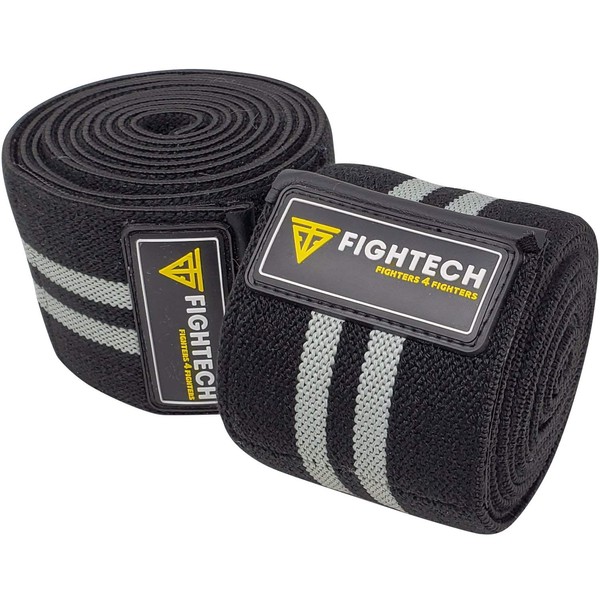 FIGHTECH Knee Wraps for Weightlifting | Men & Women | Bodybuilding Knee Squat Wraps | 82" Long Knee Straps for Compression & Elastic Support During Leg Presses, Cross Training Gym Workout | Pair (BLK)
