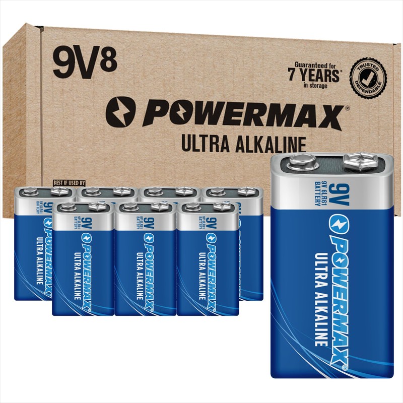 Powermax 8-Count 9V Batteries, Ultra Long Lasting Alkaline Battery for