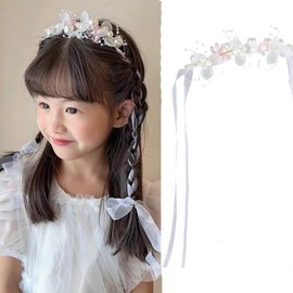 Wedding Flower Girl Headband Princess Crystal Headpiece Wristlet Flower Crown Hair Accessories Bridal Wedding Hair Band Women Pearl Headband for Birthday Party (Pink, One size)