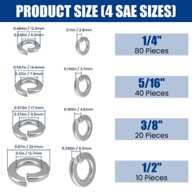 ZIUZI 150Pcs 18-8 Stainless Steel Spring Lock Washers Assortment Kit - 4 SAE Sizes (1/4", 5/16", 3/8", 1/2") Split Lock Washers for Screws & Bolts, Fastener