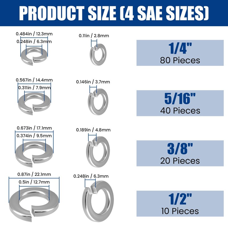 ZIUZI 150Pcs 18-8 Stainless Steel Spring Lock Washers Assortment Kit