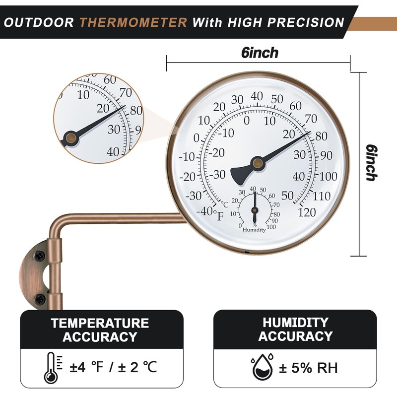 6 Inch Brass Outdoor Thermometer, Outdoor Temperature Gauge with Humidity,