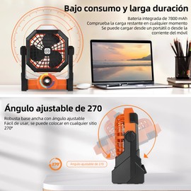 Ventilador de Acampar, Abanico Camping Portatil con Linterna LED y Gancho, 7800 mAh Recargable USB, Ventilador Velocidad Infinitamente Variable, Pivote de 270°, Silencioso,para Camping Pesca Exterior