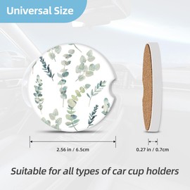 Knobcar 2 Pack Car Coasters for Cup Holders, 2.56" Universal Absorbent Ceramic Stone Car Cup Holder Coasters with Non-Slip Cork Base, Car Interior Accessories for Women Men(Green Leaf)