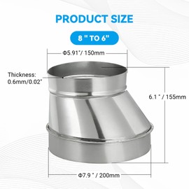 ZOWZEA 8" to 6" Inch Eccentric Duct Reducer & Increaser, Galvanized Offset Air Ducting Adapter, Round Metal Pipe Connector for Kitchen Range Hood, Bathroom Fan & Ventilation Systems