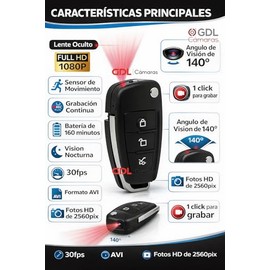Mini Camara Espia Llavero Camara Oculta Control Alarma HD 1080P Vision Nocturna y Sensor De Movimiento Lente140 Grados