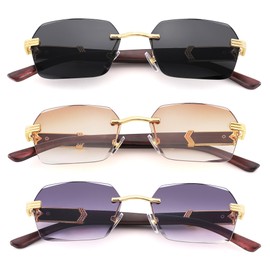 LIU·WEN Fashion Rimless Sunglasses for Men 3 Pack - Retro Frameless Rectangle Men Shades Tinted Eyewear(Brown + Gray + Gradient Gray)
