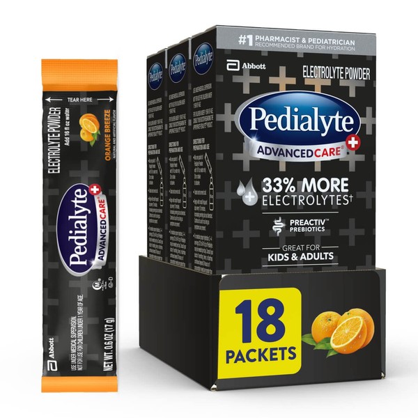 Pedialyte AdvancedCare Plus Electrolyte Powder, with 33% More Electrolytes and PreActiv Prebiotics, Orange Breeze, Electrolyte Drink Powder Packets, 0.6 oz (18 Count)