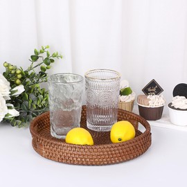 Hipiwe Rattan Round Serving Tray with Handles, Woven Decorative Basket Tray for Coffee Table, Small Wicker Ottoman Tray for Serving Breakfast Dinner Parties, Brown 10 inch