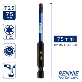 5 x Rennie Tools 75mm Long T25 TX25 Impact Screwdriver Driver Bits Set. Heavy Duty Magnetic Torx Screwdriver Bit Set. Black Oxide Coated Torx Impact Driver Bits. Torx Bit Set.