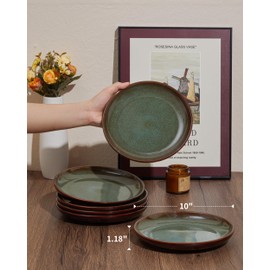 Pokini Ceramic Dinner Plates Set of 6, 10 Inch Handmade Reactive Glaze Stoneware Plates, Modern Rustic Dinnerware, Microwave & Dishwasher Safe, Scratch Resistant-Brown and Green