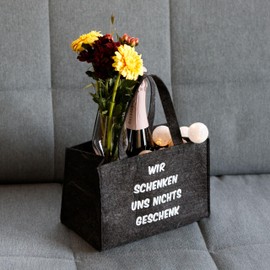 WORTGEFECHTE Felt Bag with Funny Sayings for Firewood Shopping Bag Newspaper Basket Shopper Felt Foldable Firewood Bag Felt Basket, gray