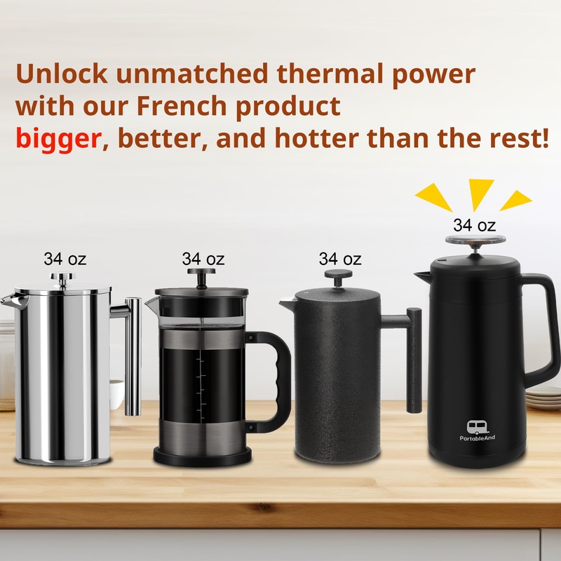 PortableAnd 34oz Double Vacuum Insulation Large Silicone French Press Coffee