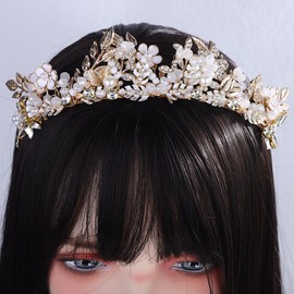 Lenjicons Vintage White Flower Leaf Hair Crown Opal Rhinestone Pearls Hair Tiara Rhinestone Pearls Wedding Headpiece Bridal Hair Tiara Wedding Hairband for Women