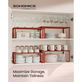SONGMICS Cabinet Organizer Shelf, Set of 2 Kitchen Counter Shelves, Kitchen Storage, Spice Rack, Stackable, Expandable, Metal and Engineered Wood, Mandarin Red UKCS200Y02