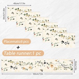 ANNA QUEEN Floral Table Runner and Placemats Set of 6, 13"x72" Beige Botanical Table Runner with 12"x18" Placemats, Bird and Flower Dining Table Decor for 4 to 6 People Kitchen or Farmhouse