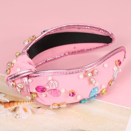 Gmmidea Seashell Headband Women Beaded Crystal Sea Snail Knotted Headband Sparkly White Pink Wide Top Twist Hairband Seashell Headpiece Accessories for Women Beach Party Favors