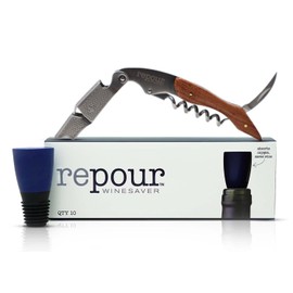Repour Wine Essentials Combo Pack – Premium Corkscrew & Wine Saver | Manual Wine Key Removes Corks Easily, Wine Stopper Preserves Wine Easily|Perfect for Wine Lovers and Enthusiasts (Rosewood 10 Pack)