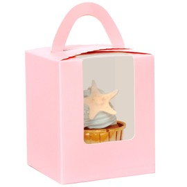 qiqee Pink 25Packs Cupcake Boxes Individual Cupcake Holders Disposable Pink Single Cupcake Boxes with Window 9.4x9.4x11.4cm Cupcake Containers (3.7x3.7x4.5 inch)