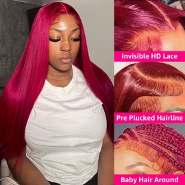 kocorose 32 Inch 99j Burgundy 5x5 Lace Closure Wigs Human Hair 180% Density Straight Glueless HD Transparent Lace Front Wigs Human Hair Pre Plucked With Baby Hair Burgundy Wine Red Human Hair Wigs For Women