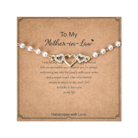 Birthday Mothers Day Gifts for Mother in Law Bracelet from Daughter in Law Mother of the Groom Gifts from Brade Mother-in-law Gifts Adjustable Pearl Heart Bracelet with Card