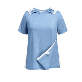 Deyeek Women Post Shoulder Surgery Shirts Full Side Snap-Open Rotator Cuff Clothing After Surgery Short Sleeve Recovery Tear Away Port Accessible Clothing for Chemo Light Blue L
