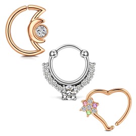 Mayhoop 16g Daith Earrings Hoop Clicker Ring Stainless Steel Flower Diamond Heart Moon Daith Jewelry Right Left Ear 10mm Silver Rose Gold