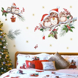 wondever Christmas Window Wall Sticker Owl Birds Christmas Tree Wall Sticker Window Sticker for Children's Room Christmas Decoration
