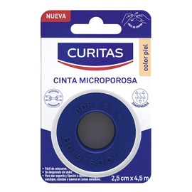Curitas Cinta Microporosa color Piel de 2.5 cm x 4.5 cm, Transpirable, de fácil colocación, se desprende sin dolor, ideal para dar soporte y fijación, 1 pieza