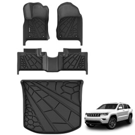 PARTZER Floor Mats & Cargo Liner Fit for 2016-2021 Jeep Grand Cherokee / 2022 Jeep Grand Cherokee WK2 (5-Seater), TPE Rubber Floor Liners Trunk Mats for 1st & 2nd Row & Cargo
