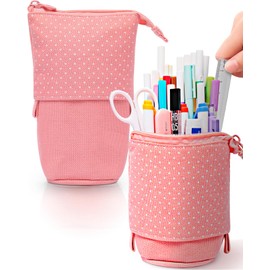Sooez Standing Pencil Case, Cute Stand up Pencil Pouch, Telescopic Pen Pouch, Portable Pencil Holder, Kawaii Stand up Pencil Case, Spacious Pencil Pouch Bag for School Office Supplies, Pink