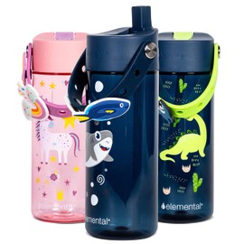 Elemental Leak Proof Water Bottles for Kids - Splash Kids Water Bottle for School with Fun Charm Handle - BPA Free Tritan Plastic Reusable Water Bottle with Straw - Shark Friends - 18oz