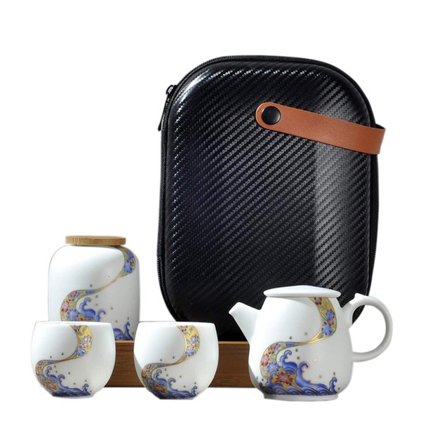 fanquare Portable Travel Tea Set with Travel Bag, Sea Wave and Flowers Pattern Porcelain Tea Service, 1 Teapot, 2 Tea Cups and 1 Tea Canister