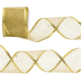 URROMA Gold Glitter Wired Ribbon, 9.82 Yards Web Mesh Ribbon Wired Metallic Sparkling Edge Ribbon for Gift Wrapping DIY Crafts for Home Decor