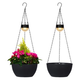 2 Packs Solar Hanging Basket Planters for Plants Outdoor, Self Watering Black Flower Plants Pots with Solar Light Drainer for Balcony Patio Garden Outdoor Decoration