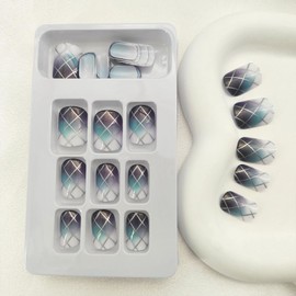 Square Press on Nails Short Purple Blue Gradient Fake Nails Smudge Plaid Acrylic Nails Press ons Full Cover Glossy Glue Stick on Nails for Women Girls 24 Pcs