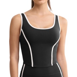 ENERBLOOM Women's Workout Crop Tank Tops Fishbone Yoga Shirts Sleeveless Padded Fitted Casual Summer Mild Support Athletic Top Black Large