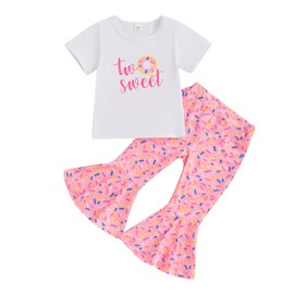 MAHUAOYIXI Baby Girl 2Pcs Birthday Outfits Short Sleeve Letter Print Tops Tshirt + Solid Color Flare Pants Set Toddler Girls Clothes Birthday Clothing Set (Pink Two, 2-3 Years)