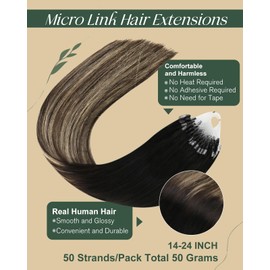 Ugeat Microring Real Hair Extensions Black Ombre Micro Loop Extensions 55 cm Caramel Brown Remy Micro Extensions Real Hair 50 g 50 Strands #1B/4/27